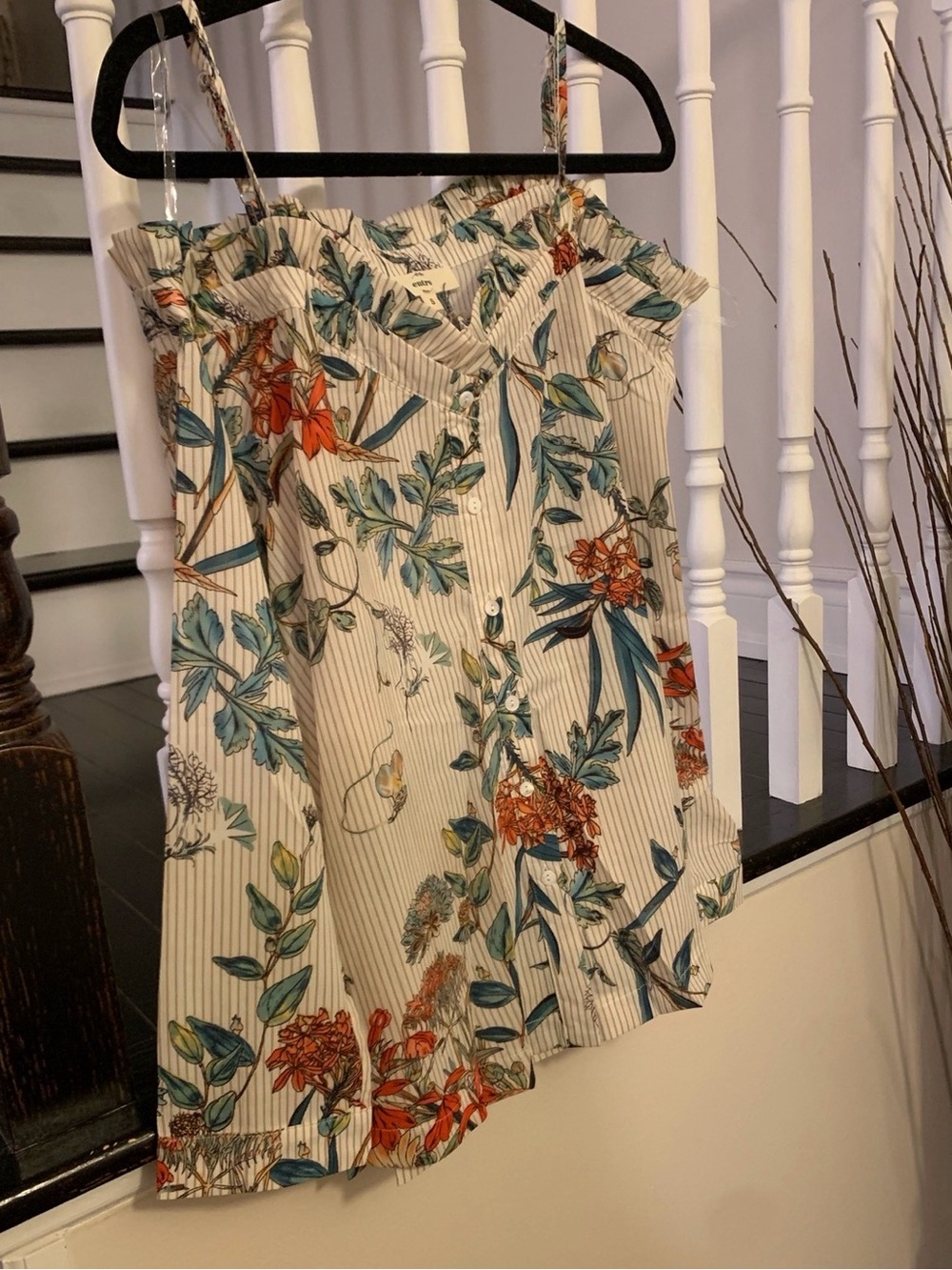 entro Cream Floral Striped Spaghetti Strap Blouse with Teal and Rust Accents